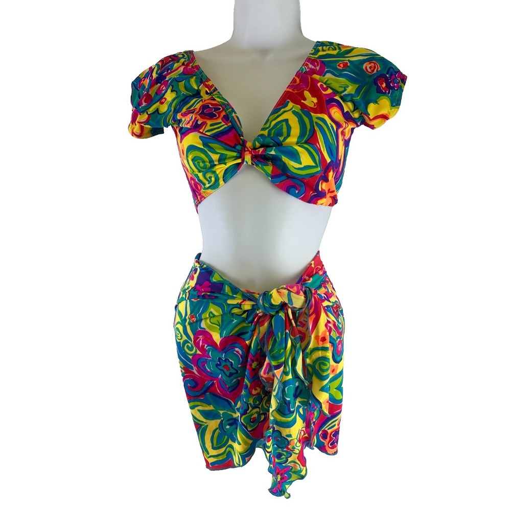 Carabella Swimsuit Vintage Top and Wrap Neon Floral Vibrant Short Sleeve V-Neck